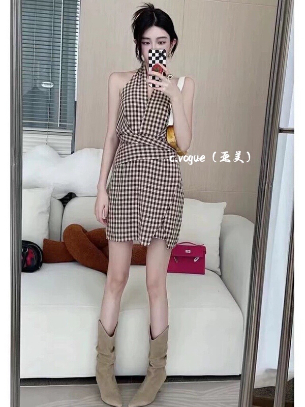 [c.vogue] French temperament sexy neck and waist Check Dress 3968# PCZ