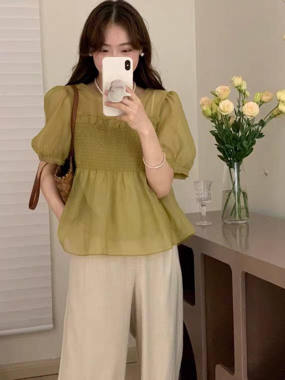【 vast charm 】 Korean summer sweet round neck cute baby shirt versatile micro transparent thin Ruffle waist closed short sleeve shirt 7865\cls