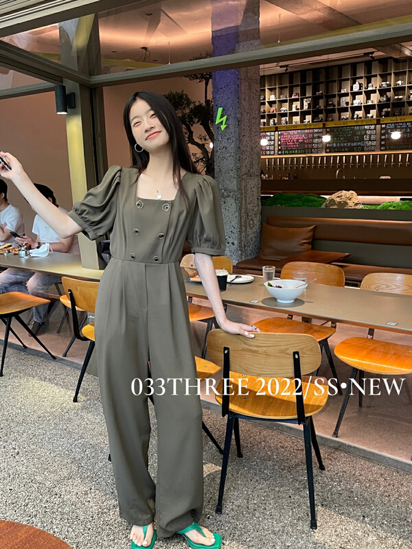 [033three] commuting simple bubble sleeve square neck high waist slim Jumpsuit 8186\lsl