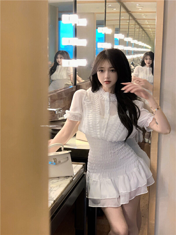 [Doudou family] high sense Korean French soft wind small waist dress 88426\jj