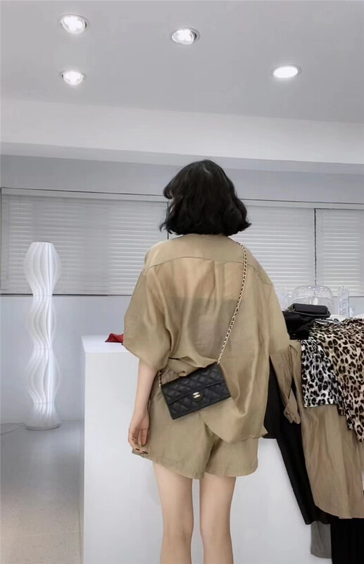 [QIANJIAO] leisure simple simulation silk long sleeve sunscreen shirt + high waist casual Shorts Set 6917\pcz