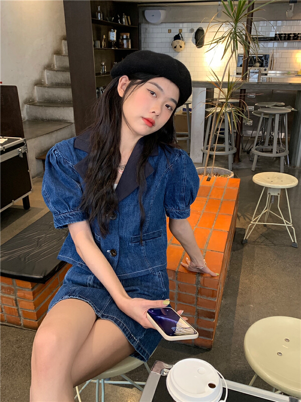 [ten.] Korean version ins slim temperament short sleeve + Fashion versatile denim skirt suit 32571\wpl