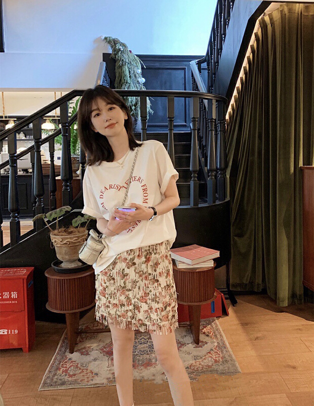 [x · h studio] design sense tassel floral Retro High Waist slim A-line wrap hip skirt 5963\ozq
