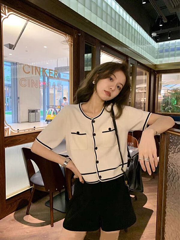 [f · P] round neck color contrast small fragrance versatile knitted cardigan a506\hbx