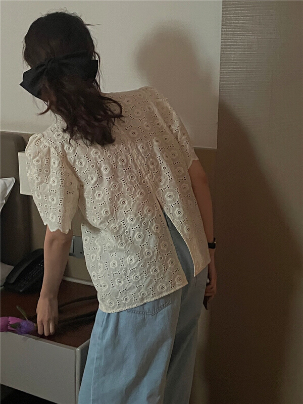[the nice] Korean hollow out bubble sleeve embroidered shirt a9282\hjy