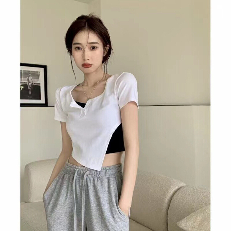 [Fanfan] fashion color contrast design fake two piece short sleeve T-shirt 207\jj