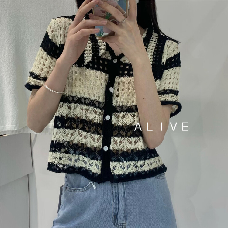 [alive] casual stripe hollow out single breasted shirt (only selling tops) 132688\hyy