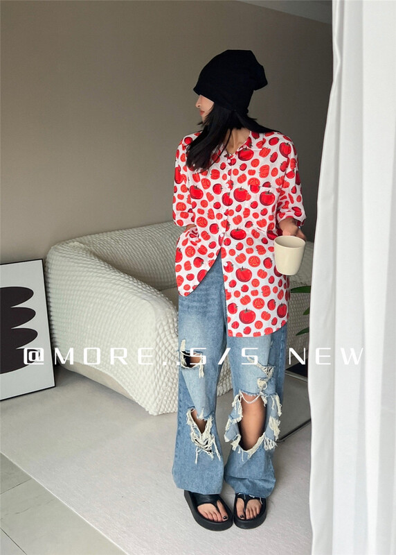 [more] Korean button up tomato printed shirt 88180\ozq