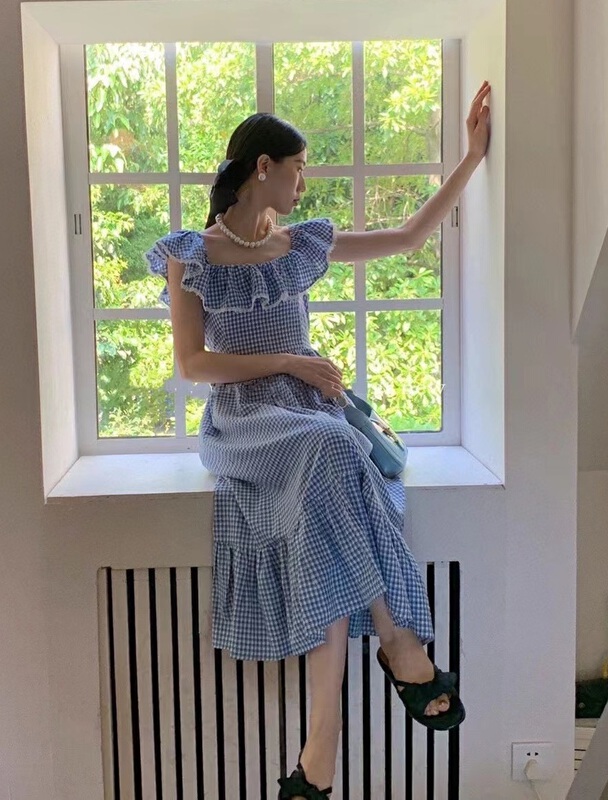 [Linna] Korean check Ruffle sleeveless dress 124680\jj