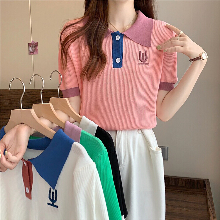 [f · P] foreign style polo collar contrast color bubble sleeve embroidered T-shirt 78033\hbx