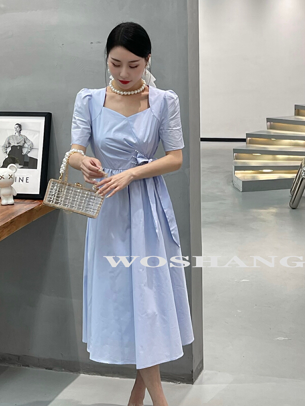 [woshang] side pearl bow tie strap waist closing temperament dress w891\xyj