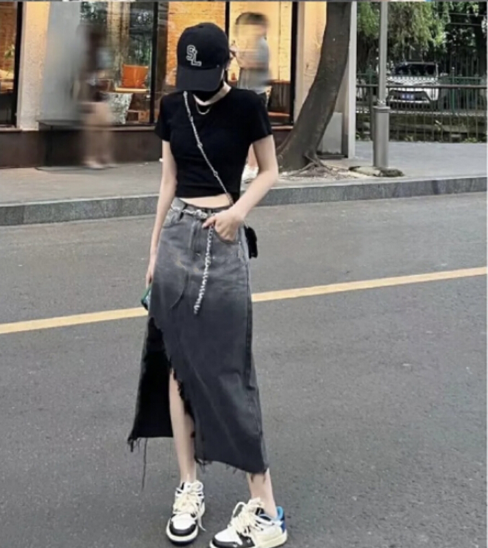 【 nobody 】 high waist fashion jeans skirt with holes 61650\jj