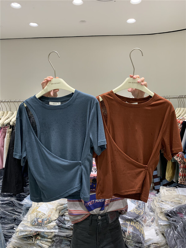 [benwo] niche design hollow out versatile short sleeve T-shirt ct06161\cls