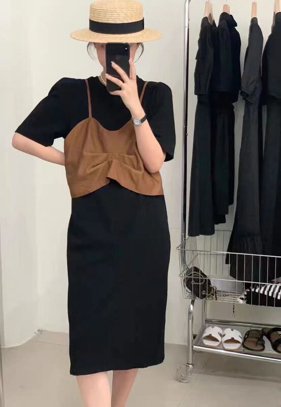 [Duomi] niche design suspender Vest + simple round neck short sleeve dress set 5971\zxl
