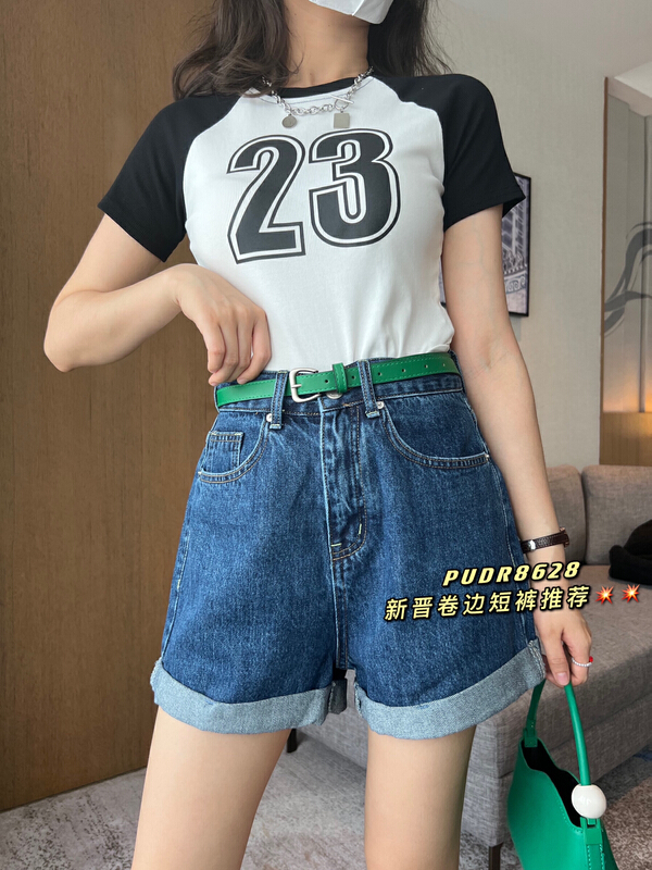 [pudr] simple casual loose hem denim shorts (with belt) 8628\xj