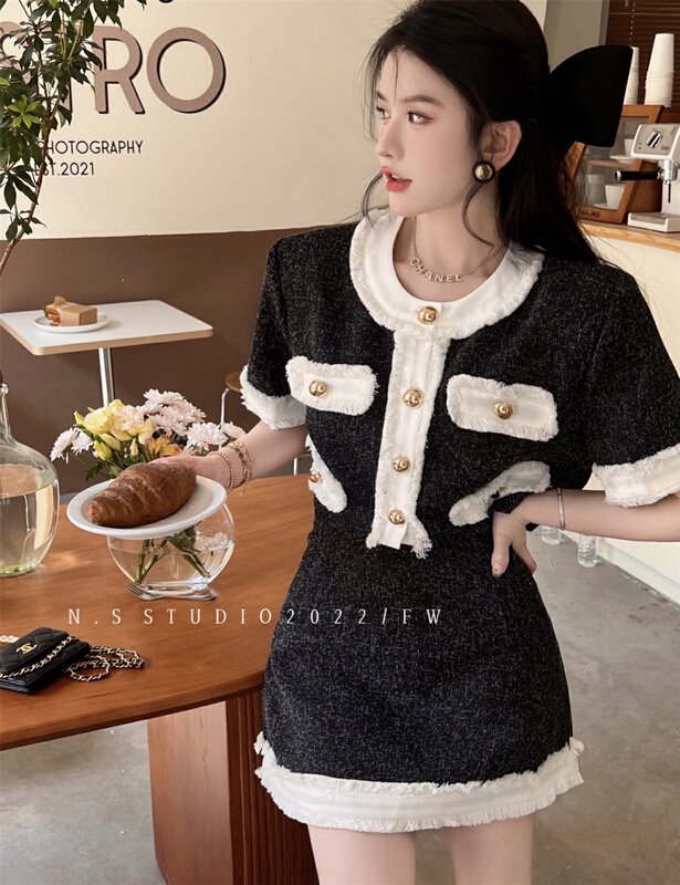 [N.S] French high-grade color contrast edge small fragrance coat + short temperament small fragrance skirt suit 3308\wpl