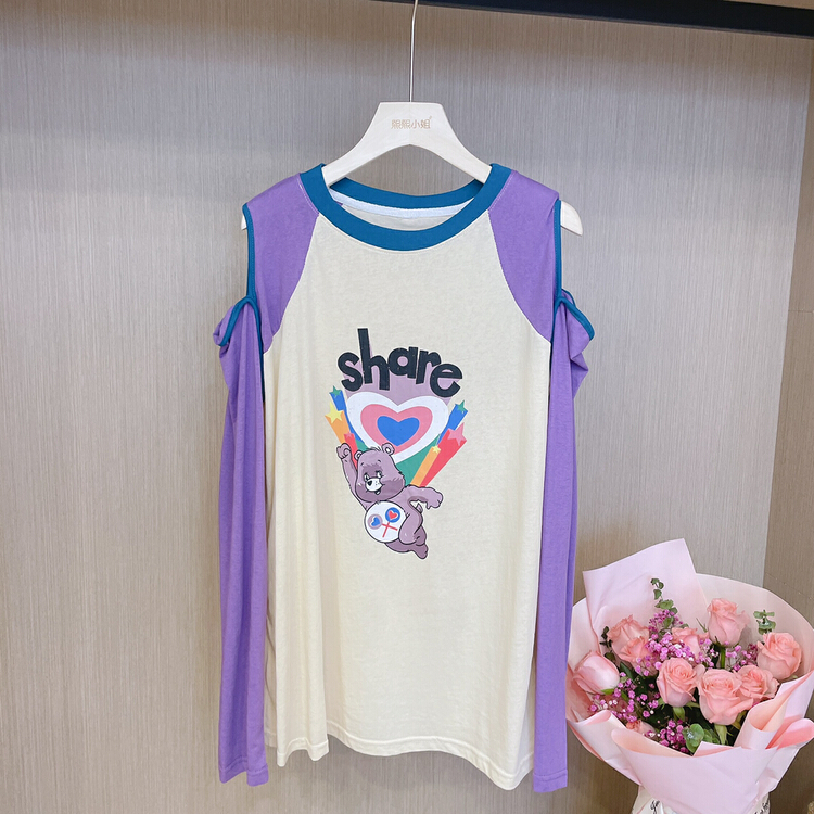 [miss Xixi] foreign style color contrast letter bear long sleeve T-shirt 8171\l