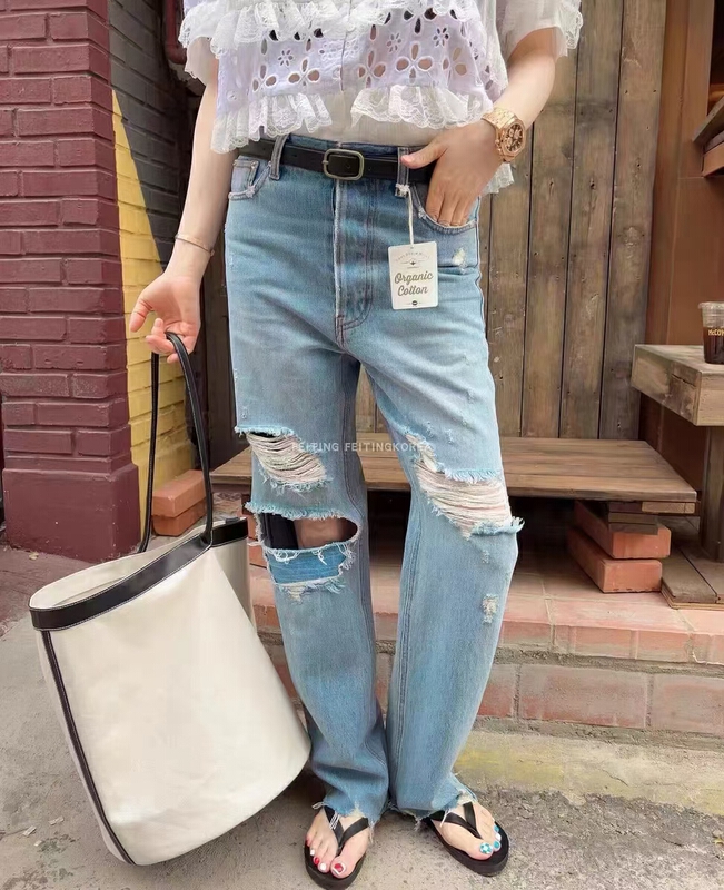 [x2 Vance feather] Korean version broken hole straight tube mopping jeans 6155\wtt