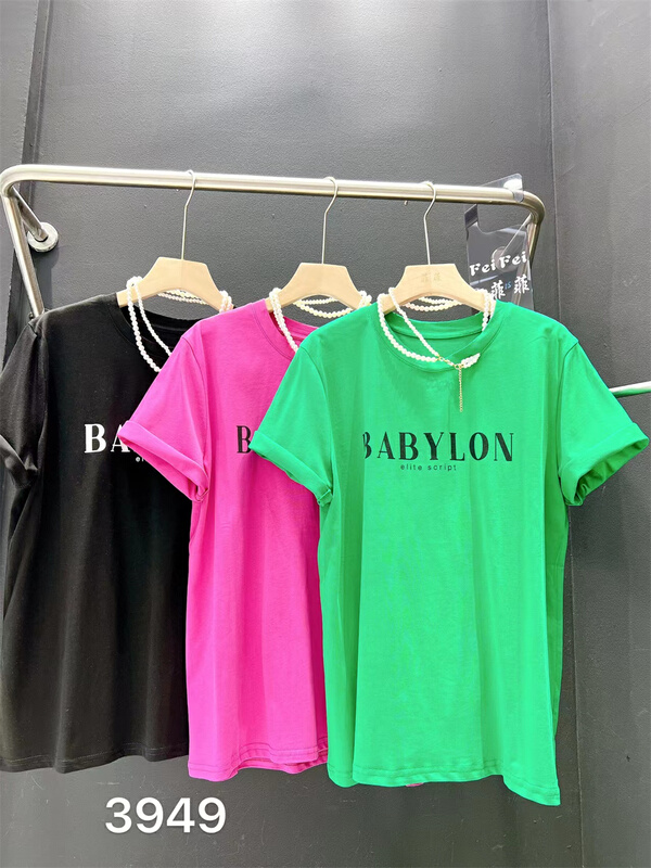 [Feifei] trendy Korean design letter print versatile short sleeve T-shirt (with pearl necklace) 3919\ozq