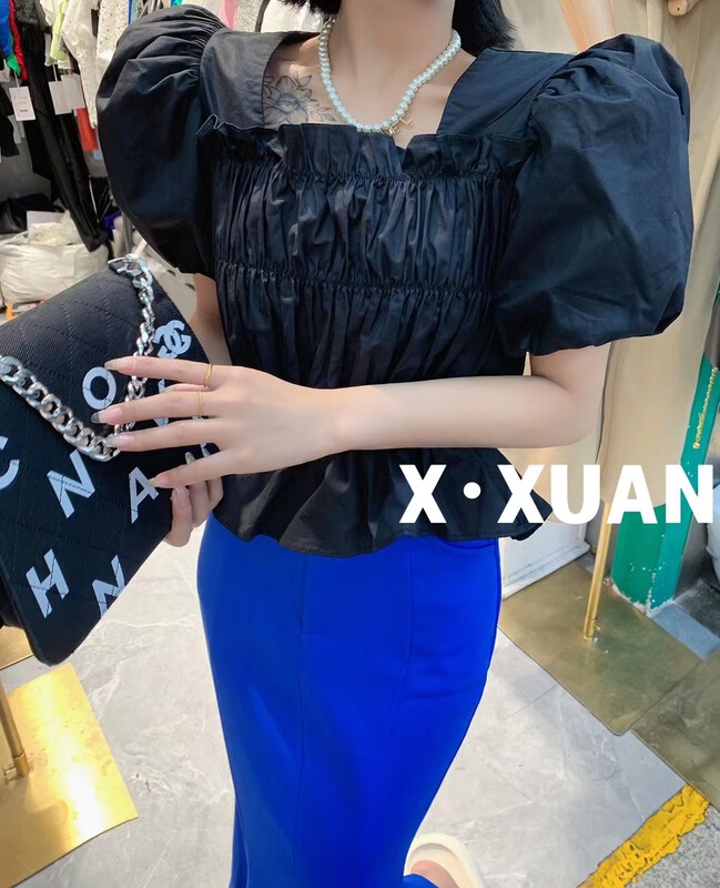 [x.xan] square neck bubble sleeve waist short shirt 7367\pcz