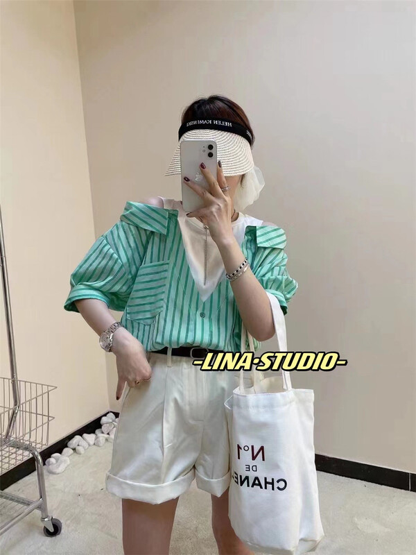[Lina] Korean versatile patchwork vertical stripe off shoulder shirt 9084\zxx