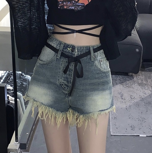 [Han Xi'er] Vintage hem with raw fringe design denim shorts (with rope) 2323\hbx