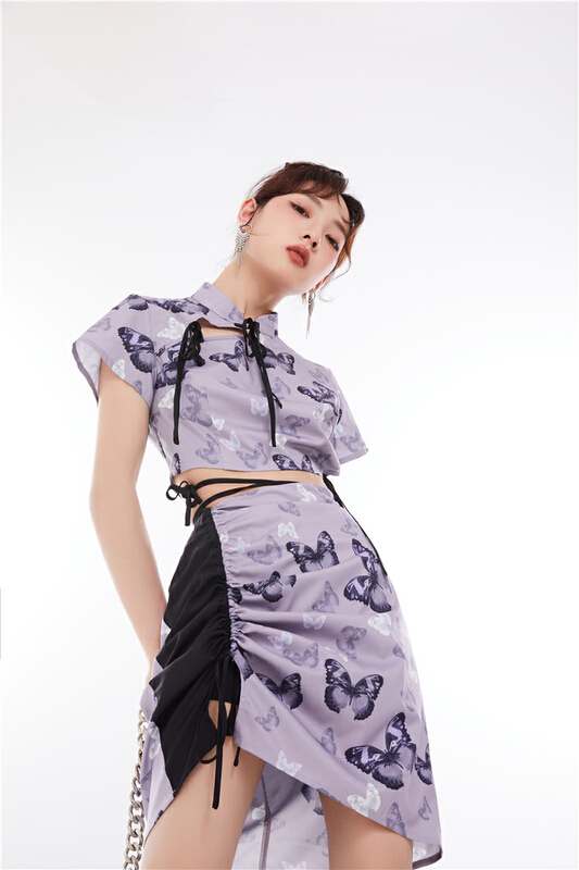 [AC] Millennium hot sexy grey butterfly pleated cheongsam shirt 7082\jj