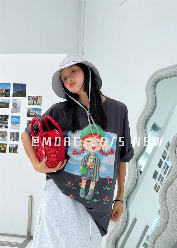 【 more 】 round neck loose print Casual Short Sleeve T-shirt 88188\ozq