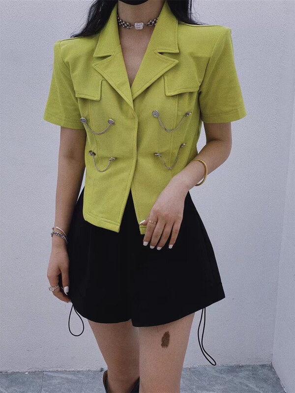 [ESU] design style solid color short shirt (non detachable chain) 3904\ozq