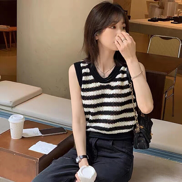 [gogoing] hollow stripe versatile knitted vest / sling 9605\hyy