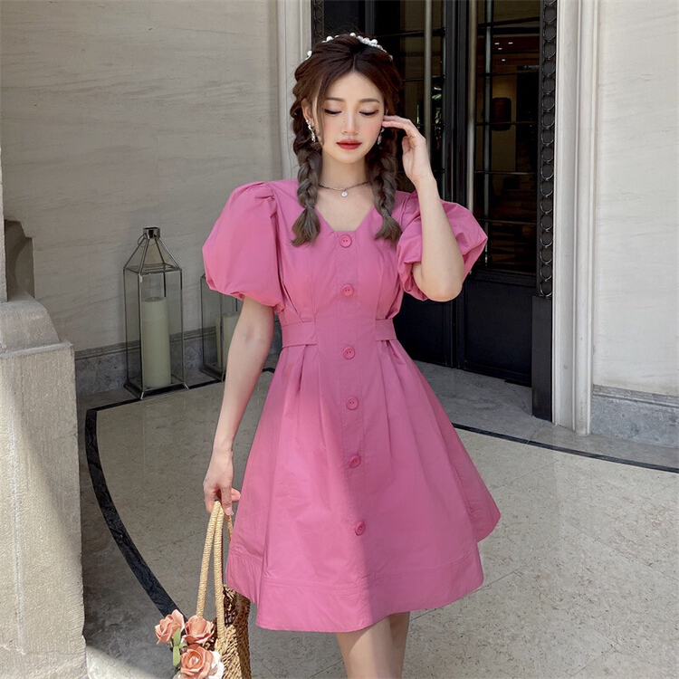 [Xiangli] temperament bubble sleeve solid color square neck dress 8809-1\pcz