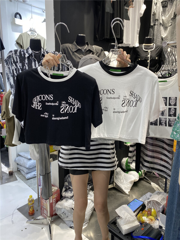 [web sensing] letter printed round neck color blocked short sleeve T-shirt a037\ozq
