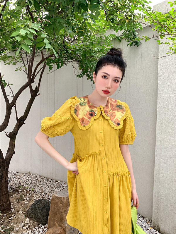 [AC] Vintage Print Lapel asymmetric dress 7067\jj