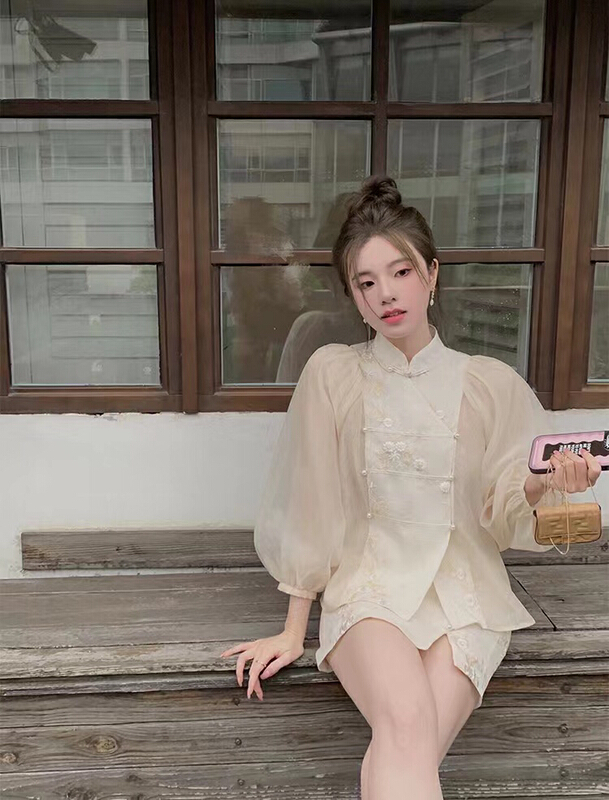 [hee] Chinese retro fashion shirt + printed skirt set h5512\wpl