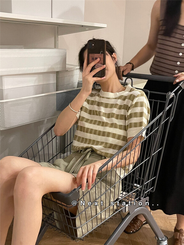 [next station] casual simple contrast color round neck Pullover short sleeve T-shirt 7133\zjy