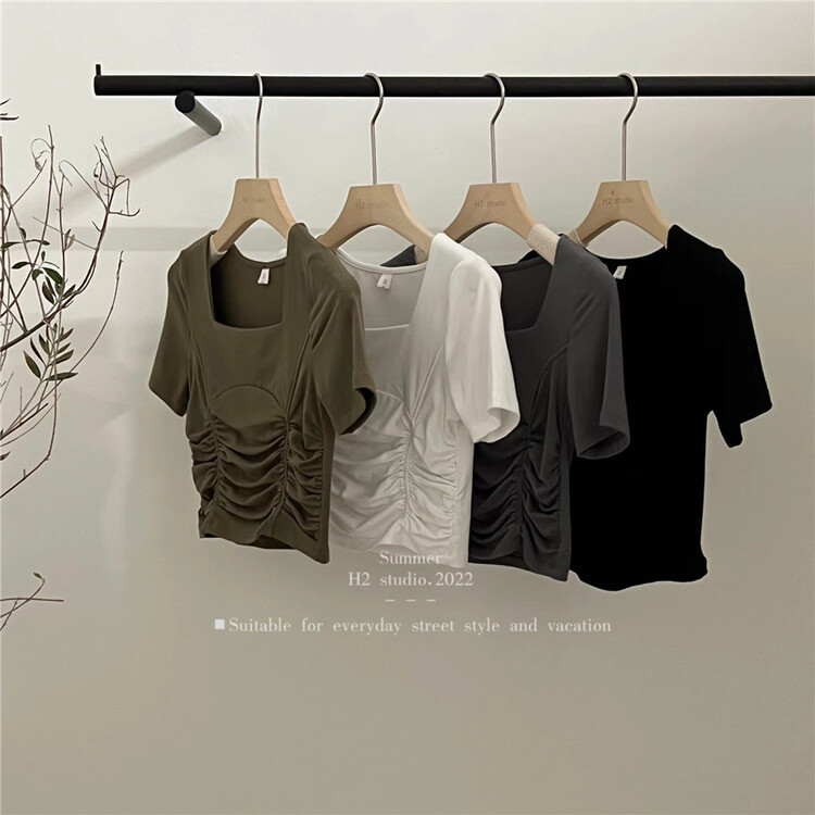 [h2-studio] square neck slim fit pleated short sleeve T-shirt ys1-1103\hbx