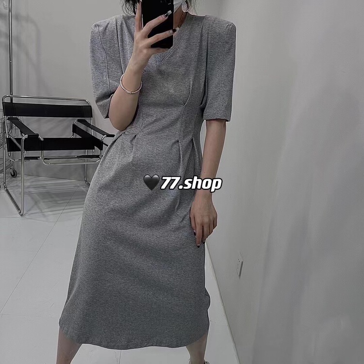 [77.shop] V-neck waist short sleeve pleated solid dress 9228\wtt