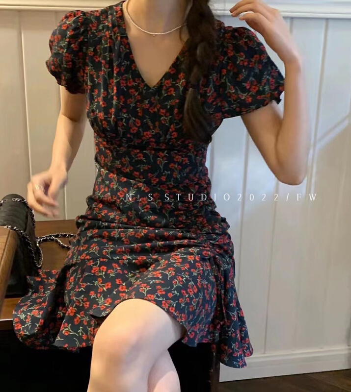 [N.S] Korean style V-neck drawstring lotus leaf floral dress 2022\wpl