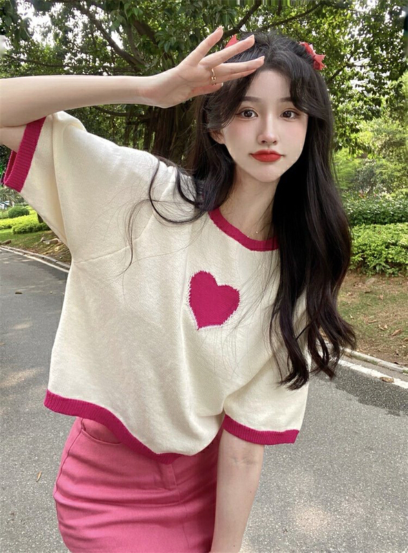 [Gangan] color blocked love jacquard short sleeve Pullover knit 2809\cl