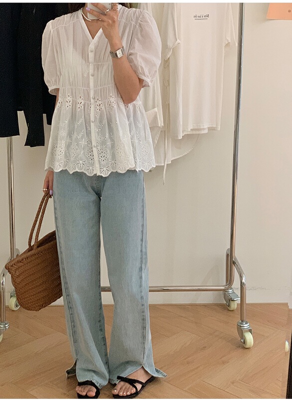 [the mind] V-neck solid hollow out shirt 60386\jhy
