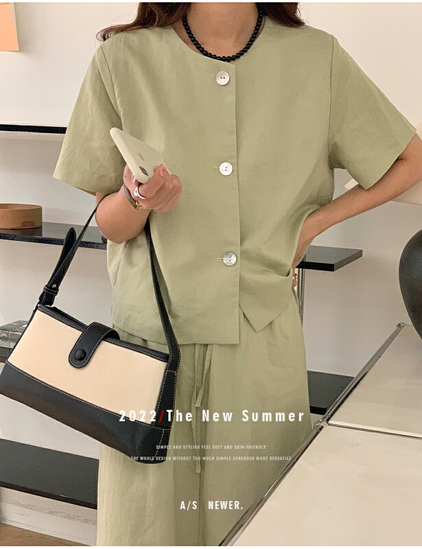 [the mind] Korean style round neck solid color thin casual versatile cotton linen shirt 60558\jhy