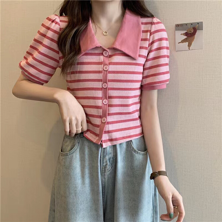 [fan fan] fashion Polo neck stripe open button Hong Kong style shirt 263\jj