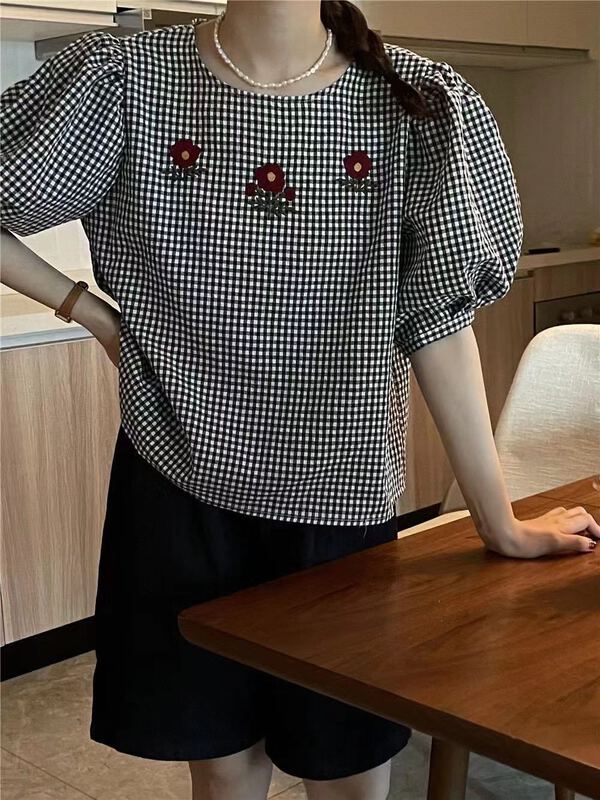 [Duomi] embroidered checkered floret shirt 9978\zxl