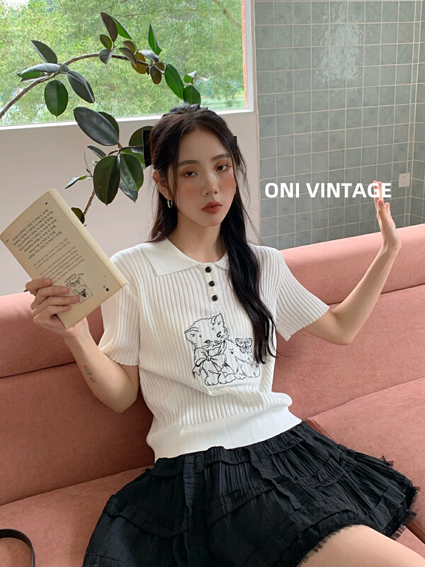 [onivinage oni] Polo neck knitted cat T-shirt uw224n5625