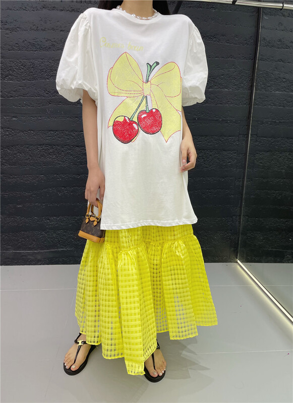 【 rich rich 】 round neck bubble sleeve bow print short sleeve T-shirt 77850\hyy