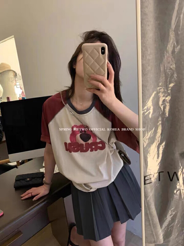 [JX] strawberry bear color blocking Raglan short sleeve T-shirt 1563\wtt