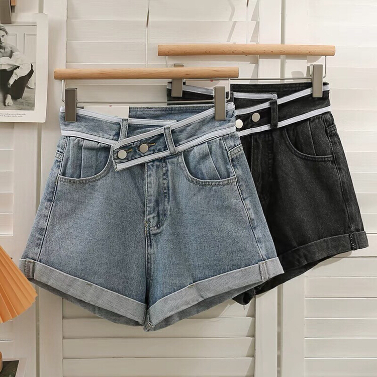 [thousand degree] patchwork color cutting irregular diagonal buckle design hot pants denim shorts 9280-1\lsw