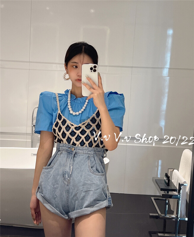 [v.v] stand collar versatile bubble sleeve shirt + sling knitted vest set 7389\zxx