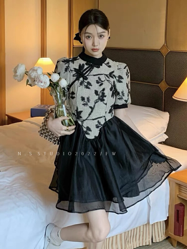 [N.S] retro new Chinese style stand collar print mosaic dress 531\wpl