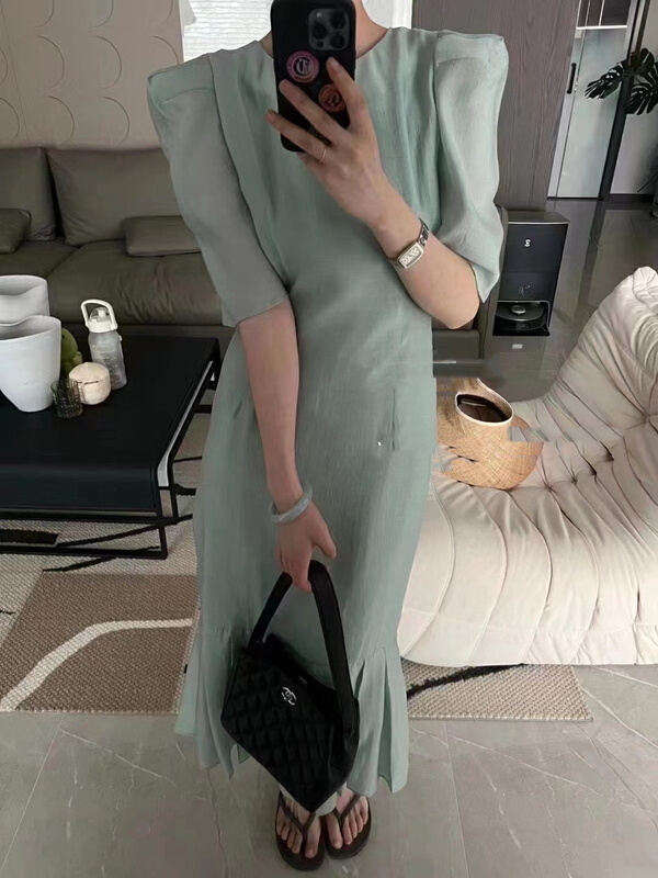 [lidada] Hanli Hanqi bubble sleeve pleated fishtail dress 2451\hbx